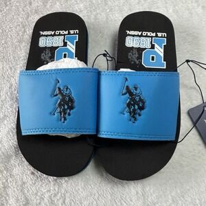 U.S.polo Assn Boys Slide Sandals Logo strap Size 10-11 Black And Blue NWT Poo